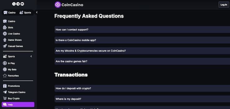 Customer service screen from CoinCasino, a popular online sportsbook in Oklahoma.